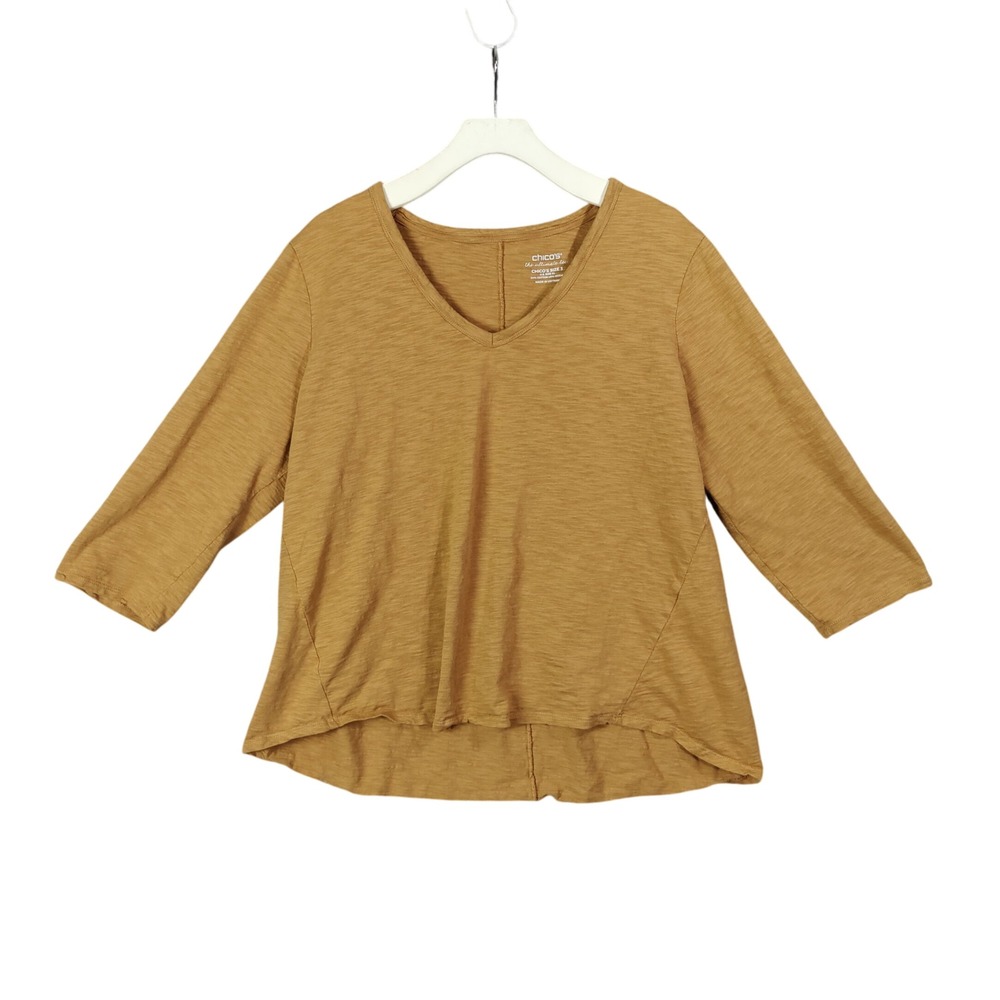 Chicos Ultimate Tee V-Neck 3/4 Sleeve Comfy Casual Dijon Mustard Women 3‎ US XL